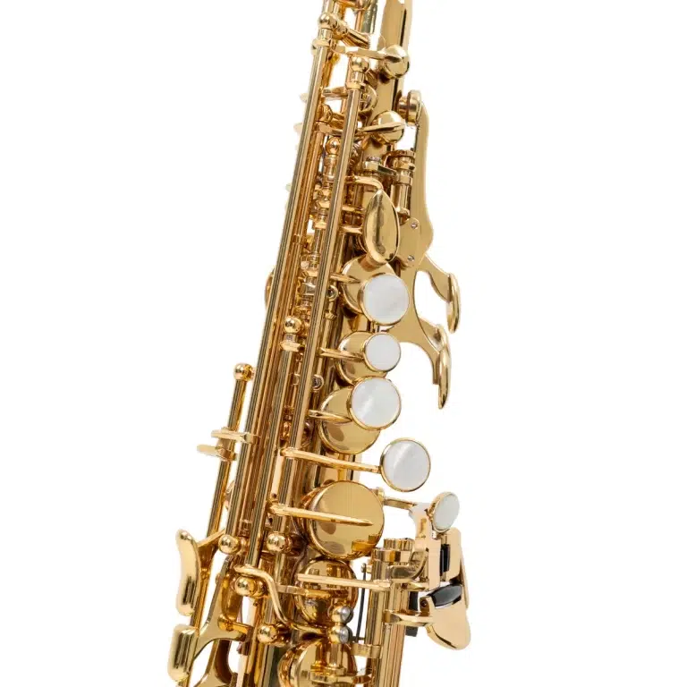 Close-up of a gold saxophone showing intricate keys, rods, and pearl-colored pads against a white background. ขายราคาพิเศษ