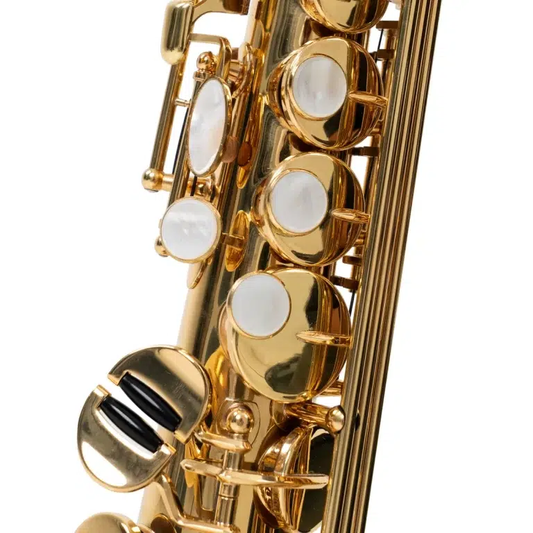 Close-up of a shiny gold saxophone body with round white pearl key inlays and intricate key mechanisms ขายราคาพิเศษ