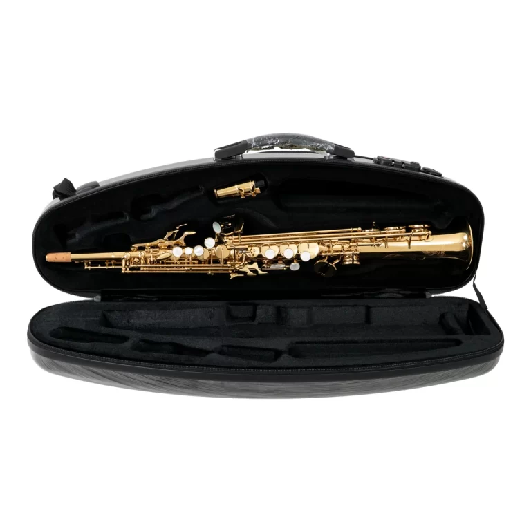 Gold concert flute lying in an open black protective case with cushioned interior awaiting use or transport ขายราคาพิเศษ