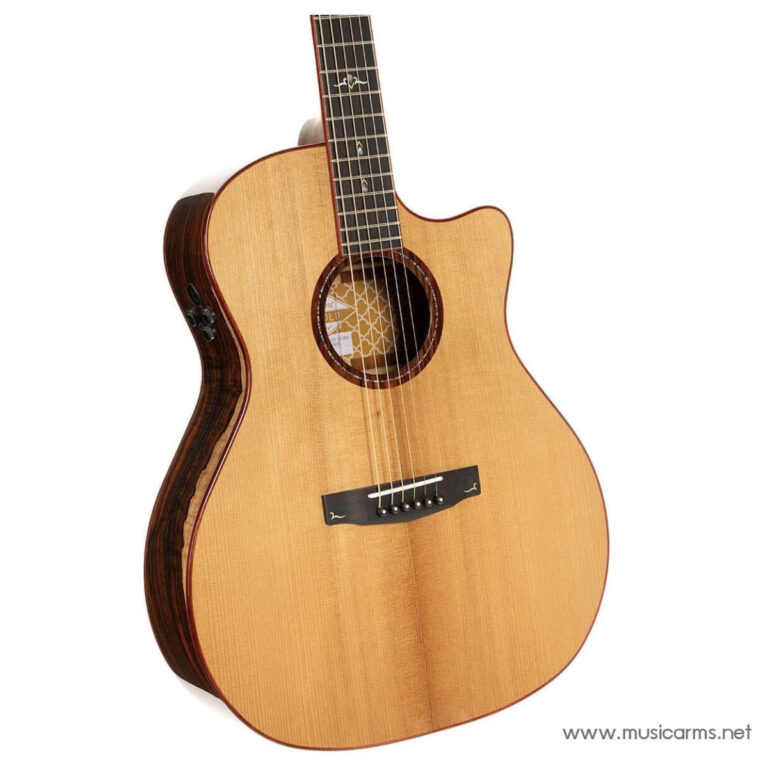 Acoustic cutaway guitar with a natural wood finish and six strings on a white background. ขายราคาพิเศษ