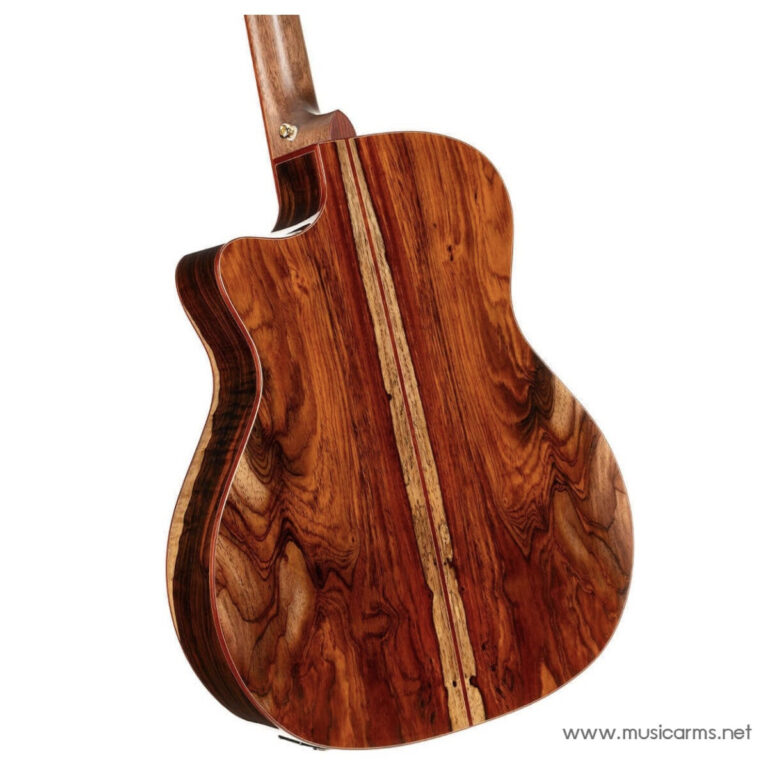 Back view of a glossy wooden acoustic guitar showing rich brown grain and a light central seam strip behind the neck. ขายราคาพิเศษ