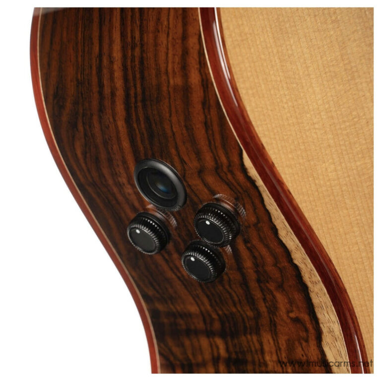 Close-up of a glossy dark wood guitar body with three control knobs and a small round sound hole/port on the side edge of the instrument. ขายราคาพิเศษ