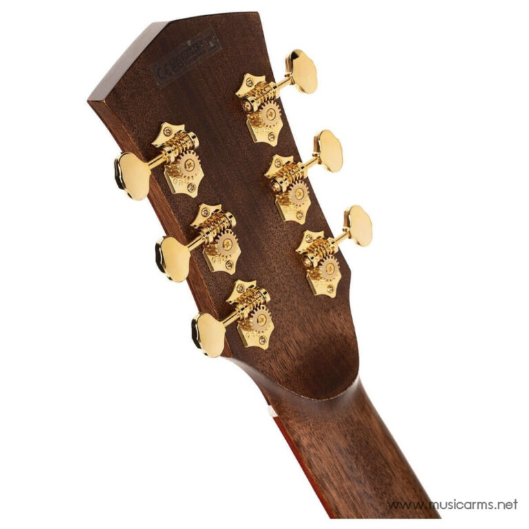 Wooden guitar headstock with gold tuning pegs (back view) on a brown neck, showing six tuners and string posts ขายราคาพิเศษ