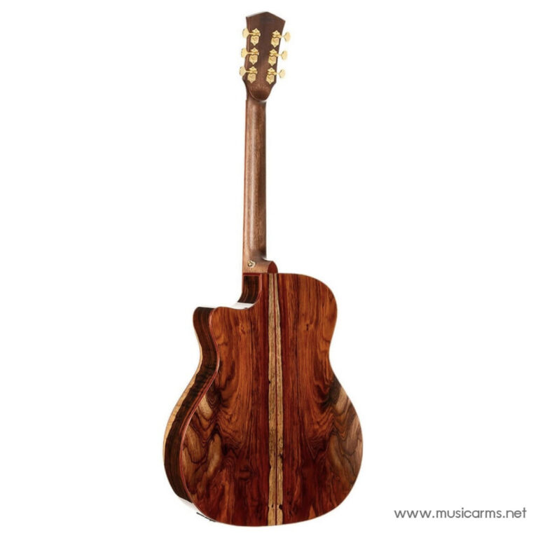 Back view of a glossy brown acoustic guitar, showing dramatic wood grain and a light center inlay on a white background. ขายราคาพิเศษ