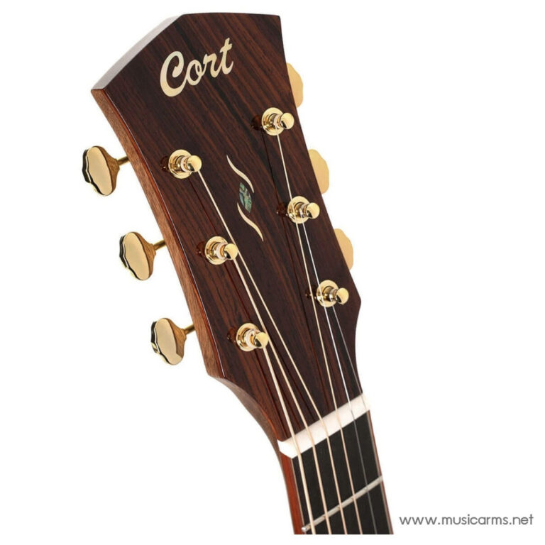 Cort guitar headstock with six gold tuning pegs and six strings on dark wood, logo visible at top left. ขายราคาพิเศษ