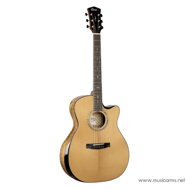Natural-finish Cort cutaway acoustic guitar with glossy spruce top, dark wood fretboard, and ornate inlays around the soundhole. ขายราคาพิเศษ