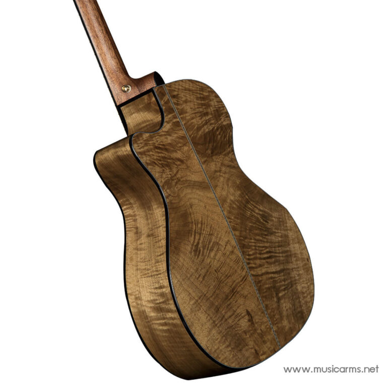 Back view of an acoustic guitar showing a natural wood finish and quilted grain, neck to the left. Binding and contours visible. ขายราคาพิเศษ
