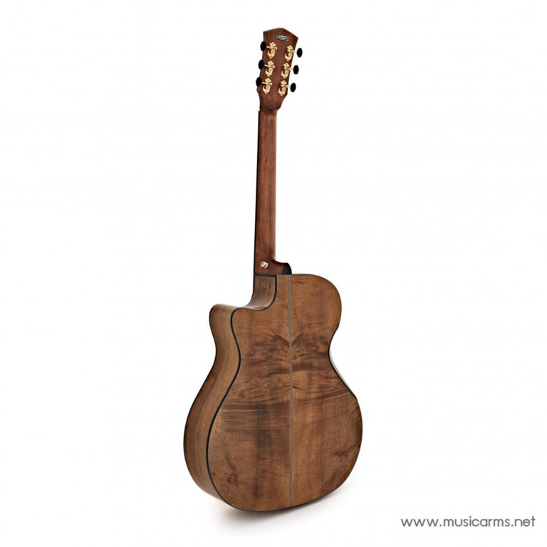 Rear view of a brown acoustic guitar showing the back with a central seam and wood grain patten, against a white background, watermark www.musicarms.net visible in corner ขายราคาพิเศษ