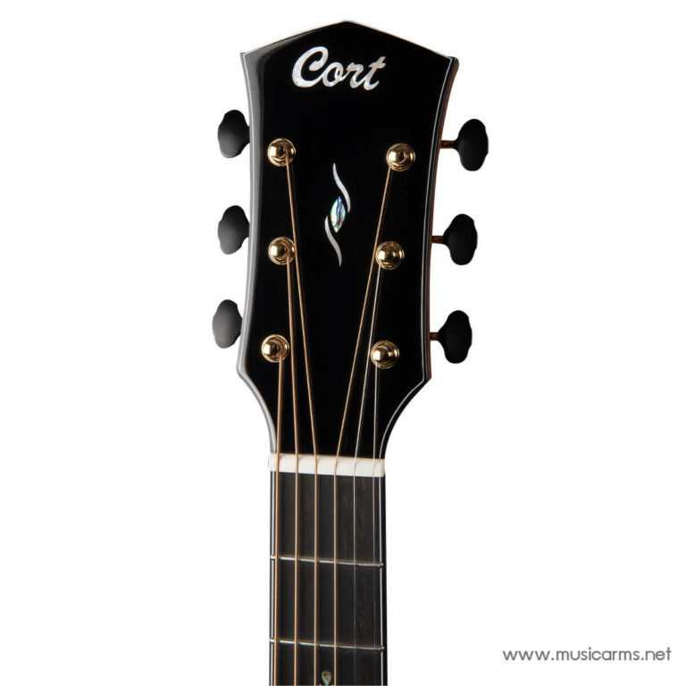 Close-up of a black Cort guitar headstock with six gold tuners and strings, watermark visible at bottom right ขายราคาพิเศษ