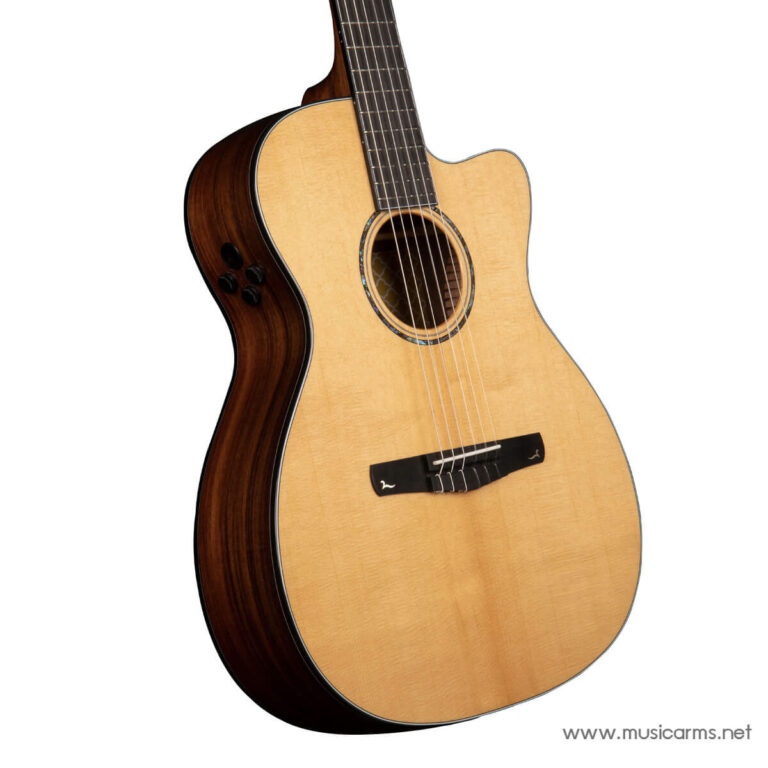 Angled view of a light-colored acoustic guitar with a darker wood back and sides, showing the soundhole and bridge on a white background. ขายราคาพิเศษ