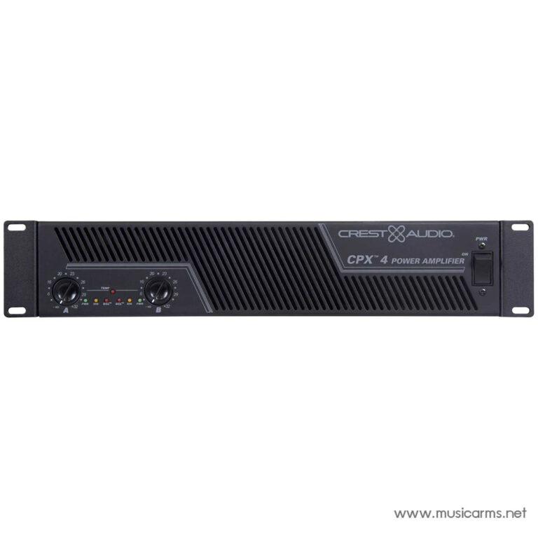 Front view of a Crest Audio CPX 4 power amplifier rack unit, showing control knobs, LEDs, and ventilation grille on a black chassis. ขายราคาพิเศษ