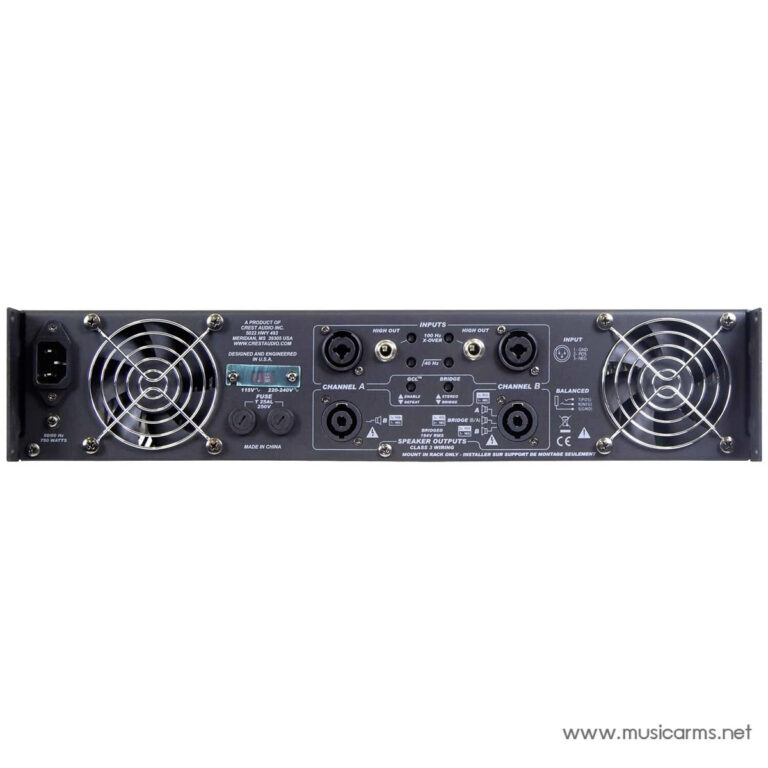 Rear panel of an audio amplifier with two large cooling fans, power inlet, and multiple input/output jacks labeled Channel A and Channel B. ขายราคาพิเศษ
