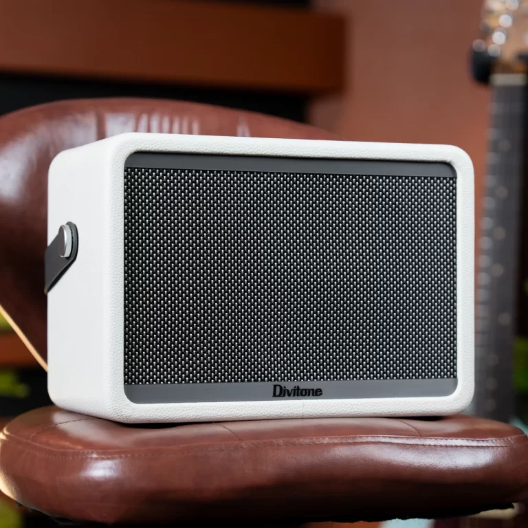 White portable speaker with a black mesh front on a brown leather chair, brand 'Divitone' visible at bottom edge. ขายราคาพิเศษ