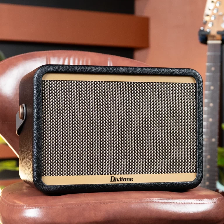 Compact Divitone portable speaker with a textured grille sitting on a brown leather chair; guitar neck blurred in the background. ขายราคาพิเศษ