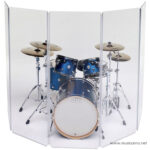 Blue DW drum set with bass, rack toms and cymbals inside a clear acrylic isolation booth (drum screen) ลดราคาพิเศษ