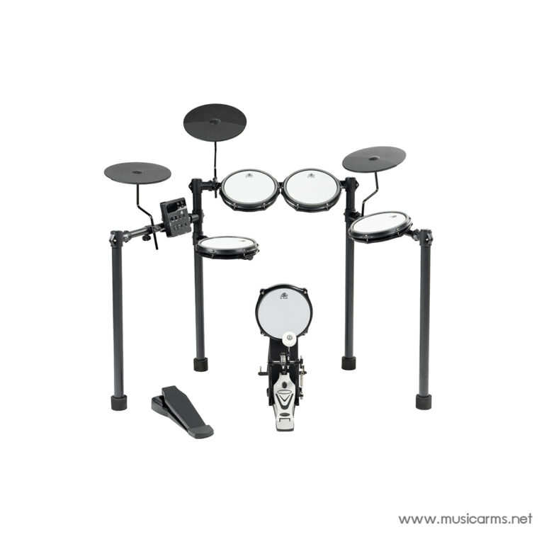 Electronic drum set with multiple pad modules on a stand, plus two cymbal pads and a bass pad with foot pedal assembly. ขายราคาพิเศษ