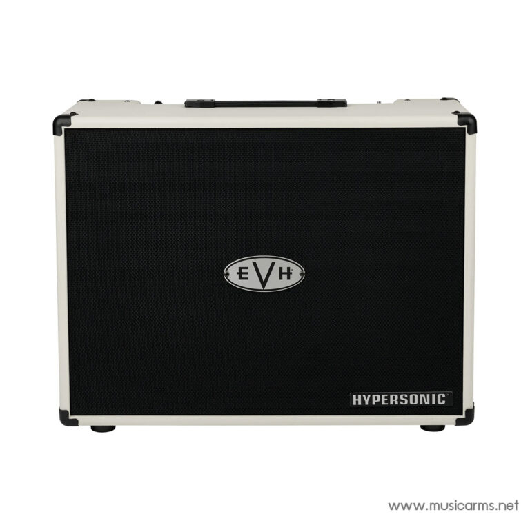 White guitar amplifier cabinet with a black grille, featuring the EVH oval logo in the center and a Hypersonic badge in the bottom-right corner. ขายราคาพิเศษ