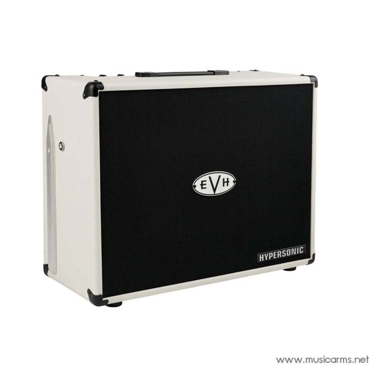White guitar amplifier cabinet with a black front grille and EVH logo in the center, Hypersonic label at the bottom right edge ขายราคาพิเศษ