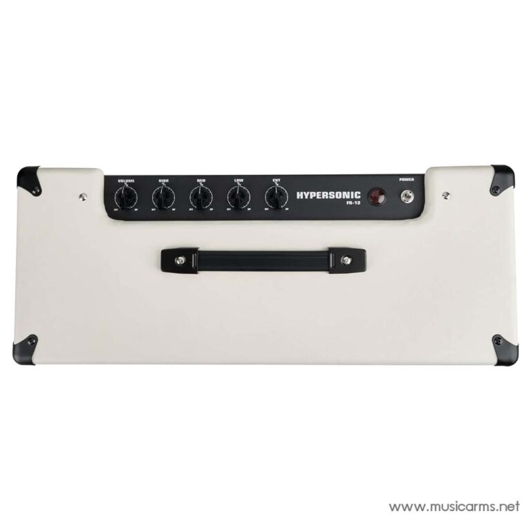 White Hypersonic FR-12 guitar amplifier head with a black control panel, six knobs (Volume, High, Mid, Low, Cut) and a central red power light, carrying handle visible. ขายราคาพิเศษ
