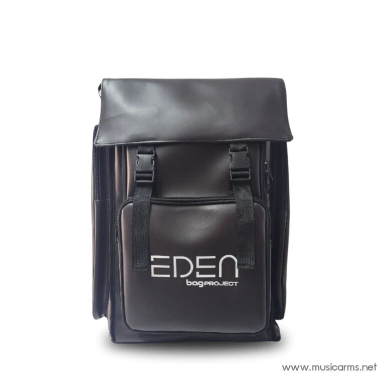 Black Eden bag project backpack with front pocket and two buckle straps on a white background, logo reads 'EDEN bag PROJECT' on front. ขายราคาพิเศษ