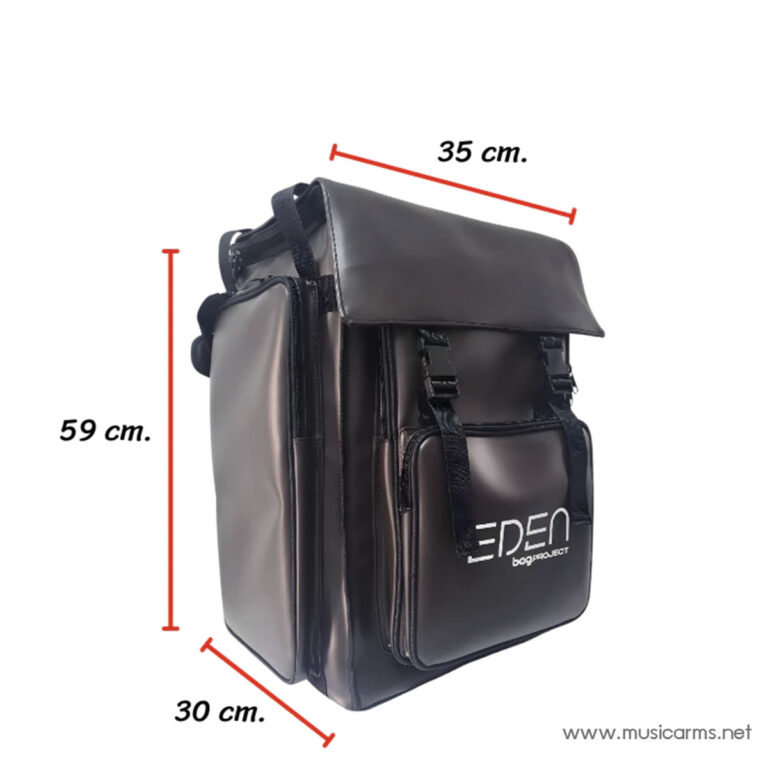 Black backpack with multiple pockets and an EDEN logo; red measurement lines show dimensions: 59 cm tall, 35 cm wide, 30 cm deep. ขายราคาพิเศษ