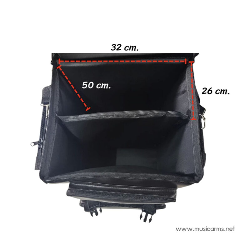 Open black bag showing internal dimensions: top width 32 cm, height 26 cm, internal diagonal 50 cm (red measurement lines). ขายราคาพิเศษ