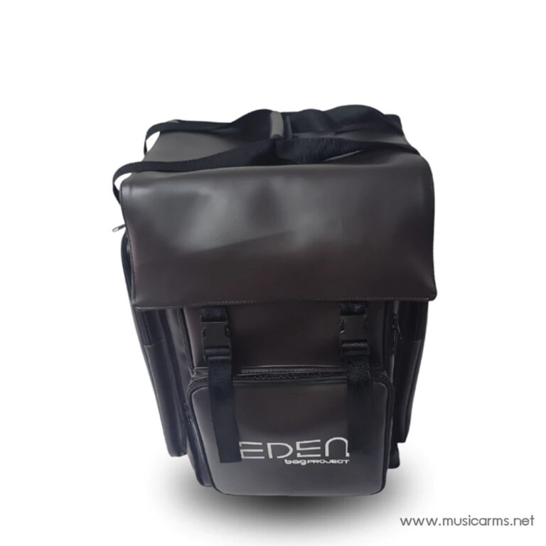 Black leather backpack with a large top flap and two buckle straps, front pocket visible. Brand logo on lower front pocket. ขายราคาพิเศษ