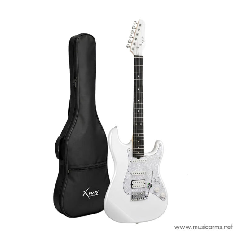 White electric guitar with a pearl pickguard and three pickups resting beside a black soft guitar case. ขายราคาพิเศษ