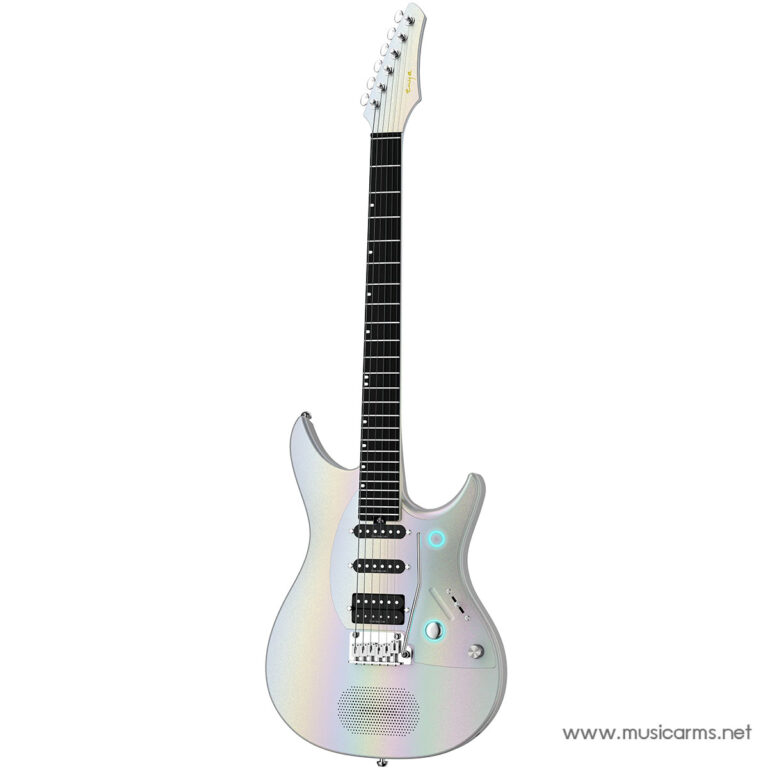 Holographic white electric guitar with a black fretboard, three pickups, and a tremolo bridge on a white background. ขายราคาพิเศษ