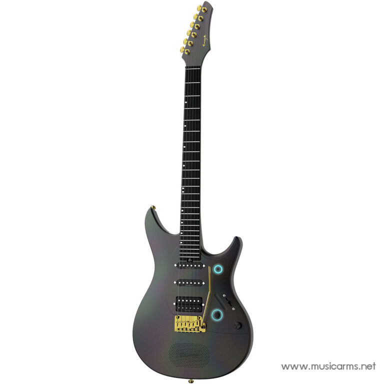 Electric guitar with an iridescent dark finish, gold hardware, and teal LED-like accents on the body. ขายราคาพิเศษ