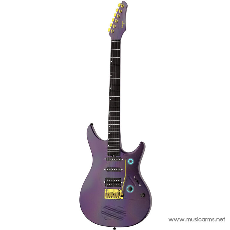 Full-length view of a purple electric guitar with yellow tuners and gold hardware and a dark neck. ขายราคาพิเศษ
