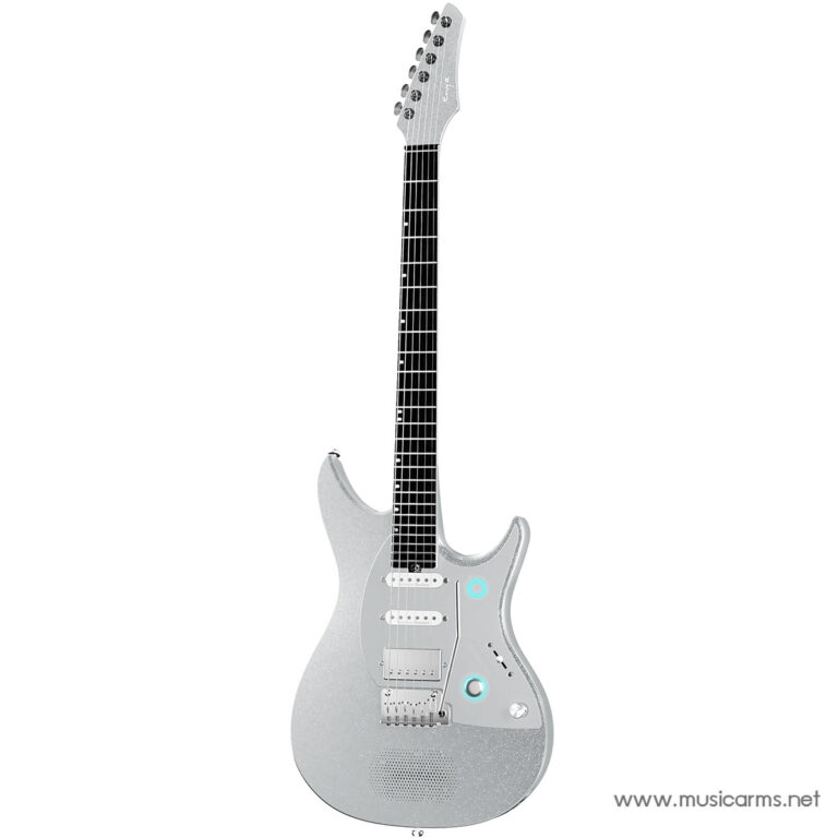 Shiny silver electric guitar with a dark fretboard, white pickups, and chrome hardware against a white background. ขายราคาพิเศษ