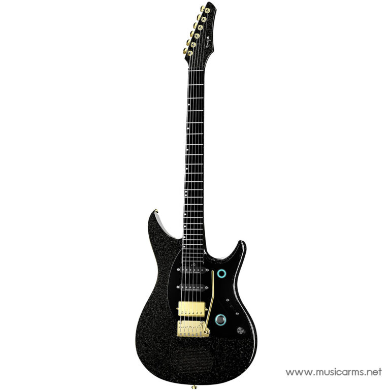 Glossy black glitter electric guitar with gold hardware, two humbucker pickups, a gold tremolo bridge, and a turquoise pickup selector ring. ขายราคาพิเศษ