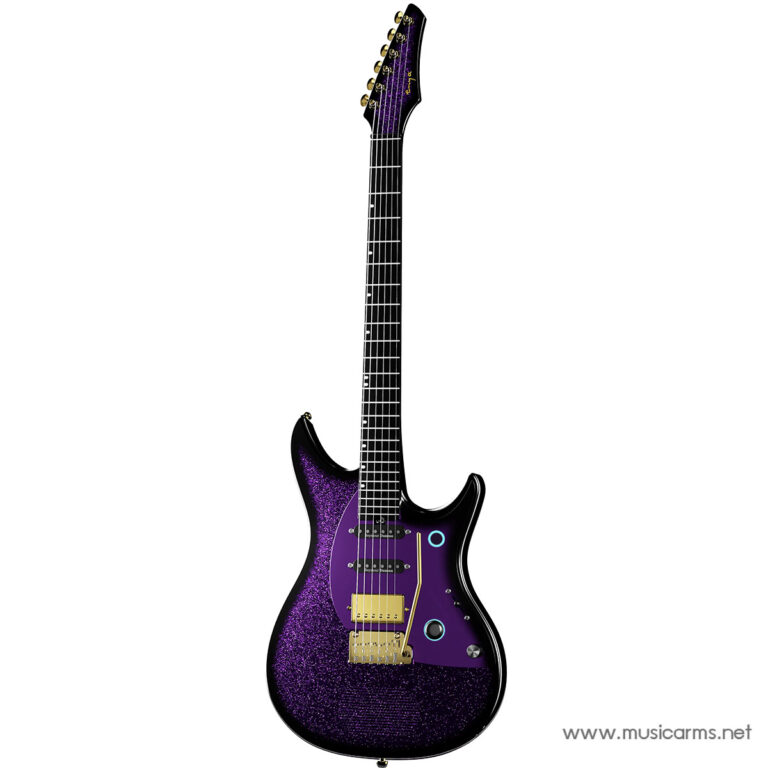 Purple glitter electric guitar with gold hardware, purple pickguard, and three pickups (two humbuckers with a middle single-coil) on a white background with a musicarms.net watermark. ขายราคาพิเศษ