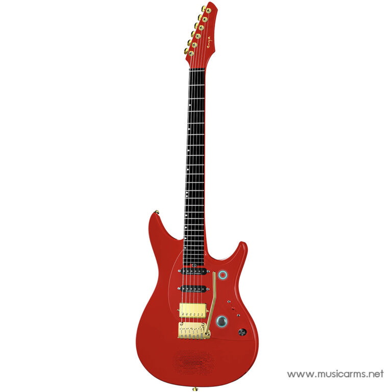 Red solid-body electric guitar with a black fretboard, gold hardware, three pickups, and a white background background. ขายราคาพิเศษ