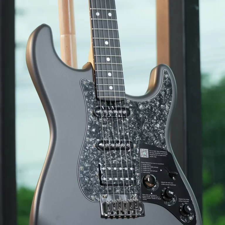 Close-up of a metallic gray electric guitar showing the neck, pickups, and a textured pickguard with control knobs visible. ขายราคาพิเศษ