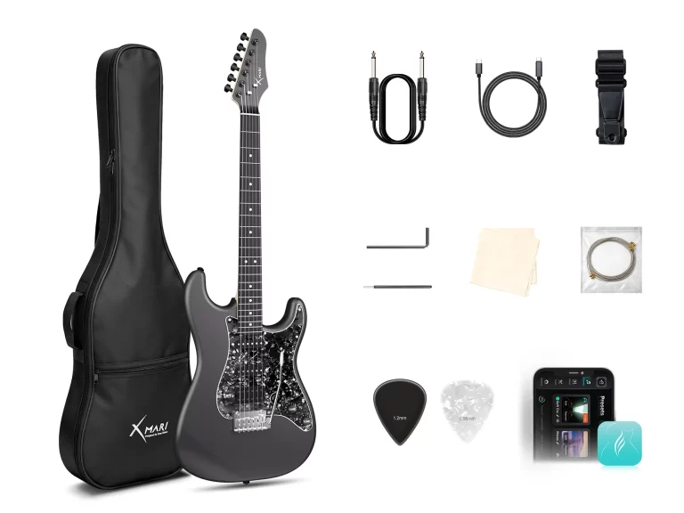 Black electric guitar with a matching hard case and cable, strap, picks, Allen wrench, cleaning cloth, and a smartphone displaying a tuning app. ขายราคาพิเศษ