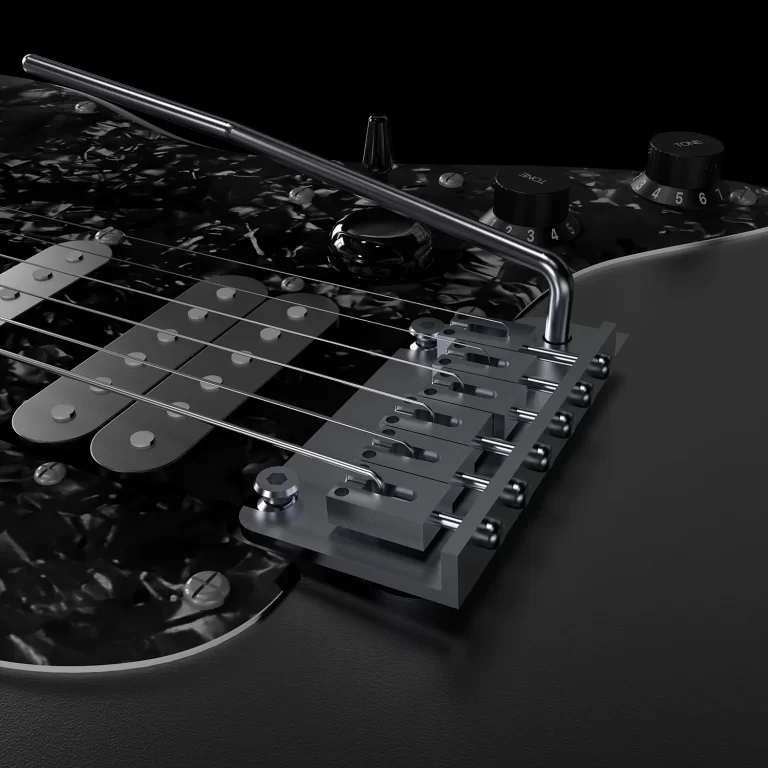 Close-up of an electric guitar showing strings, pickups, and a tremolo bridge against a dark background. ขายราคาพิเศษ