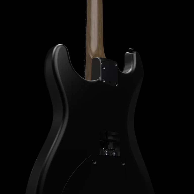 Close-up of the neck heel and back plate on a black electric guitar, showing screws and wood neck against a dark background. ขายราคาพิเศษ