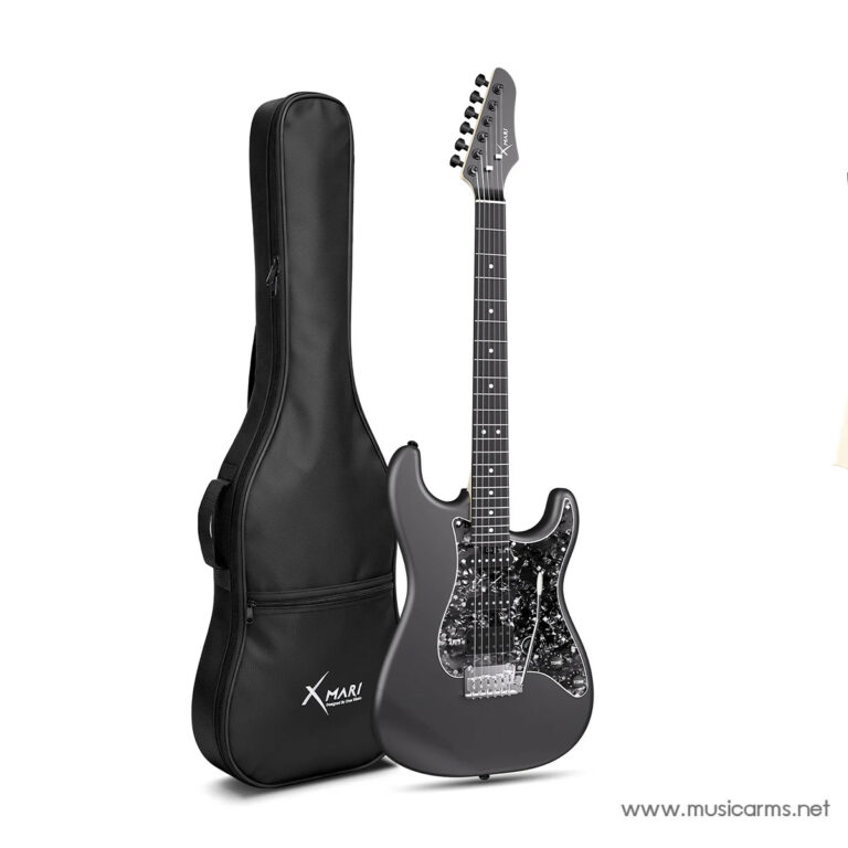 Black solid-body electric guitar with a black-and-white pickguard, positioned next to a matching black gig bag on a white background ขายราคาพิเศษ