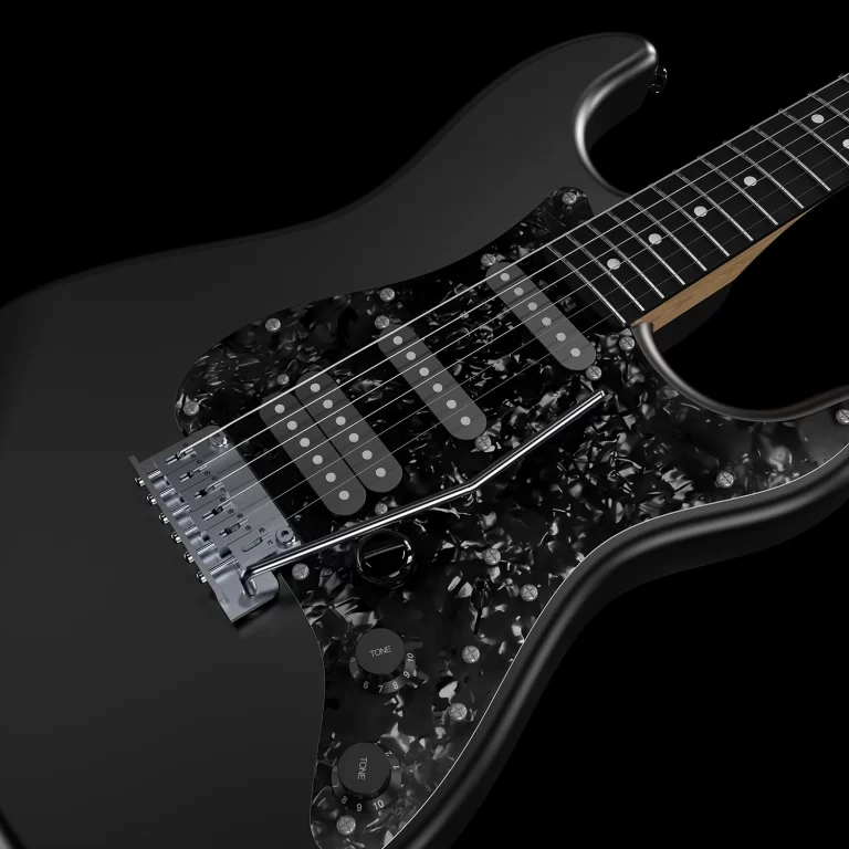 Close-up of a black electric guitar showing the neck, string ferrules, and tortoiseshell pickguard with metal pickups and controls nearby.] ขายราคาพิเศษ