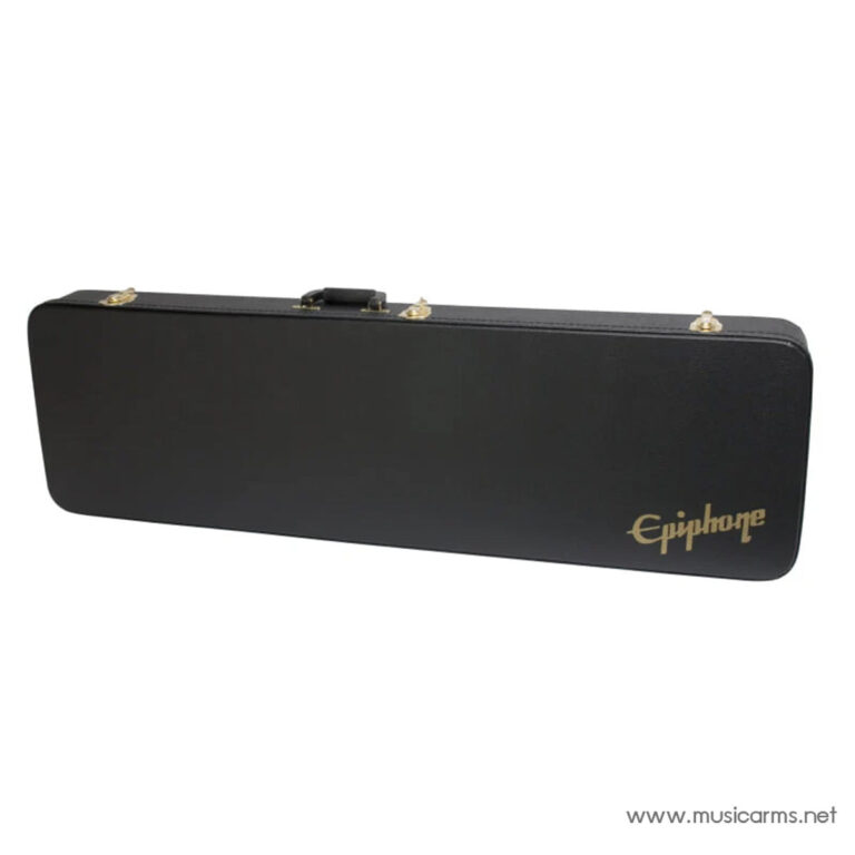Black Epiphone guitar case with gold hardware and a handle, laid horizontally on a white background ขายราคาพิเศษ
