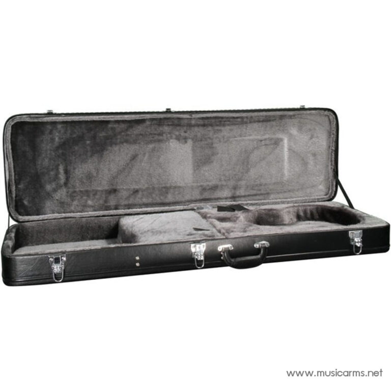 Black hard-shell guitar case, open and empty with plush interior lining visible. ขายราคาพิเศษ