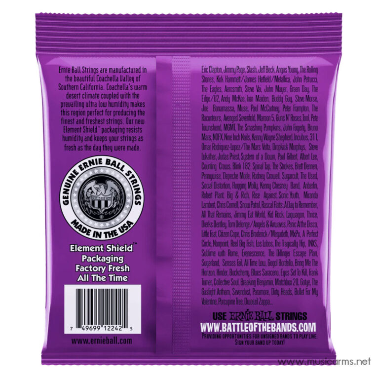 Back of a purple Ernie Ball guitar strings package with a circular branding seal, barcode, and dense artist-name text across the right panel. ขายราคาพิเศษ