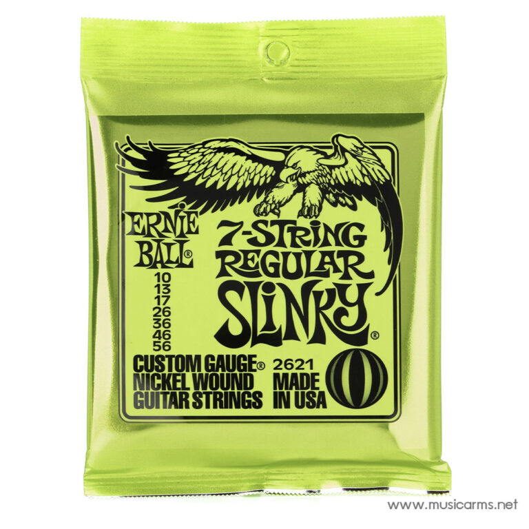 Neon-green packaging for Ernie Ball 7-string Regular Slinky guitar strings with eagle logo and gauge numbers visible (10–56). ขายราคาพิเศษ
