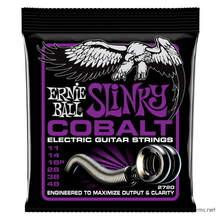 Black Ernie Ball Slinky Cobalt electric guitar strings package with purple text and a white eagle graphic; gauge sizes 11–48 shown on the front panel. ขายราคาพิเศษ