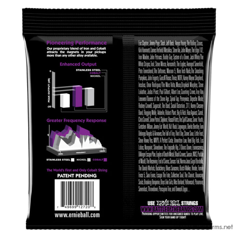 Back of a black Ernie Ball guitar strings package showing purple headings, two graphs (bar chart and frequency spectrum), a long list of artist names on the right, a barcode bottom left, and the site www.ernieball.com. ขายราคาพิเศษ