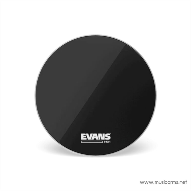 Round black Evans MX1 drum head with subtle diagonal highlight and white logo at the bottom center on a white background. ขายราคาพิเศษ