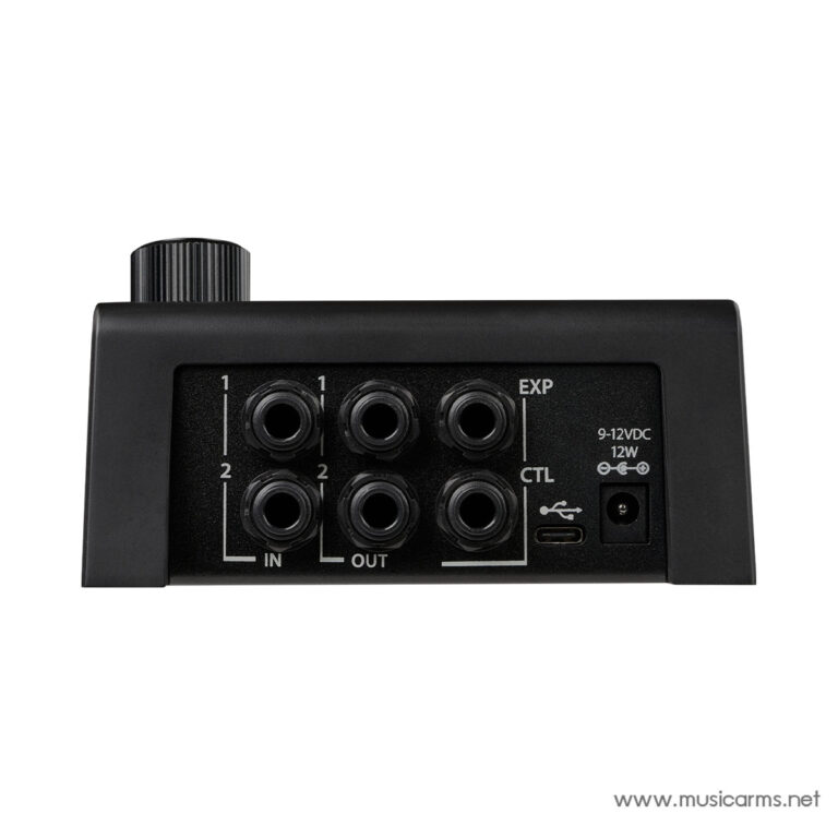 Rear view of a compact audio interface back panel with six 1/4-inch jacks arranged in two rows labeled IN and OUT, CTRL and EXP, plus a USB-C control port and a DC power input; watermark www.musicarms.net. ขายราคาพิเศษ