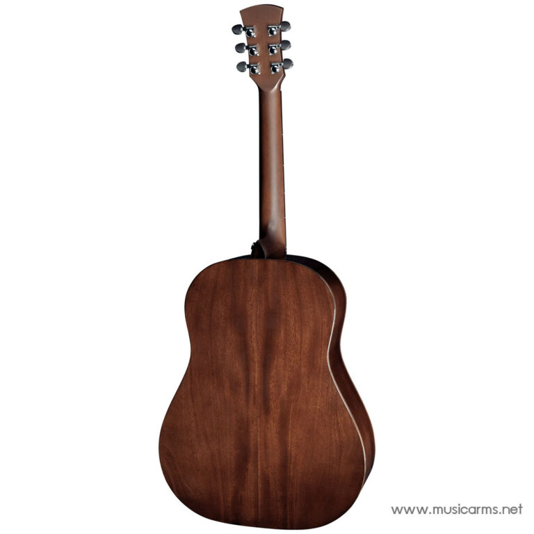Back view of a brown wooden acoustic guitar standing upright, showing the neck and headstock with tuners on top ขายราคาพิเศษ